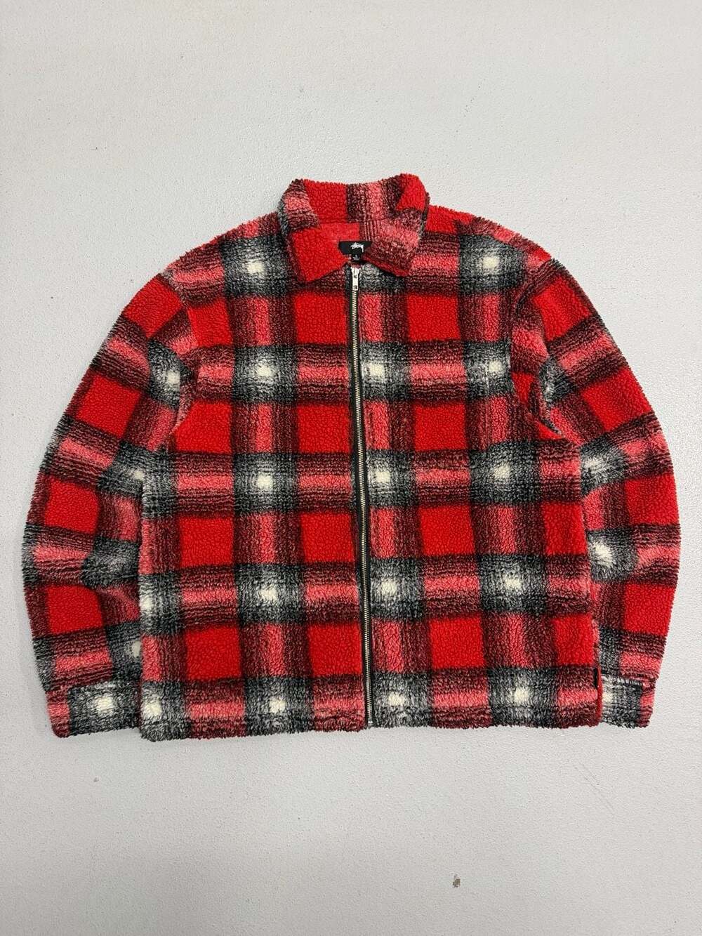 Red Stüssy Shadow Plaid Sherpa Zip-Up Jacket